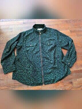 Michael Kors Green and Black Leopard Zip-Front Blouse